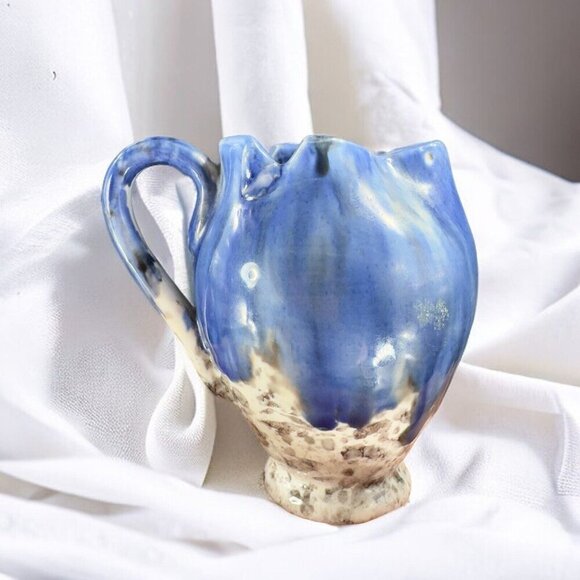 Italian Art Pottery Small Pitcher Creamer Drip Glaze Folded Edges Specked Inside - Picture 1 of 16